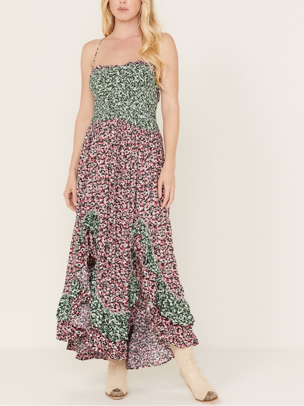 Free People One I Love Floral Smocked Maxi Dress Boho Ruffle